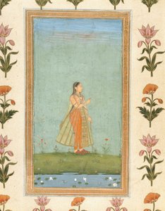 लेडी एक फूल को पकड़े हुए, लिली क्लाइव एल्बम (कागज पर अपारदर्शी wc) से एक लिली तालाब द्वारा खड़ी द्वारा मुगल स्कूल
