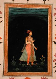 स्माल क्लाइव एल्बम से रात में वाइन फ्लास्क और ग्लास पकड़े महिला द्वारा मुगल स्कूल