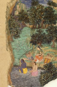 राम और लक्ष्मण मंदाकिनी नदी के तट पर अपने मृत पिता को जल अर्पित करते हैं, c.1595 द्वारा मुगल स्कूल