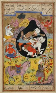 रुस्तम ने वाइट डिवा, 1608 को स्लेज द्वारा मुगल स्कूल