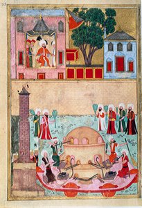 कॉन्स्टेंटिनोपल रेसकोर्स पेज में ग्लास ब्लोअर शो उपनाम-i हुमायूं (उपनाम i हुमायूं) या उस्मान द्वारा सचित्र 'उत्सव की पुस्तक' (एमएस। हेज़िन 1344) से लिया गया है। लगभग १५८२ (इस्तांबुल) इस्तांबुल, टोपकापी सेराय द्वारा मुगल स्कूल उस्मान