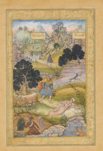 एक मुस्लिम तीर्थयात्री एक ब्राह्मण से पवित्रता का पाठ सीखता है, एक खामसा से पन्ना..., 1597-98 द्वारा बसवान