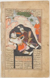 रुस्तम का सातवां कोर्स: वह शाहनामा से व्हाइट डिव, फोलियो को मारता है ..., 1666-67। द्वारा मु'इन मुसाविरि