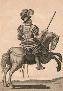 एक योमन ऑफ़ द गार्ड, क्वीन एलिजाबेथ को अ प्रोग्रेस में शामिल करते हुए, c1800। द्वारा नेकां शुभ रात्रि