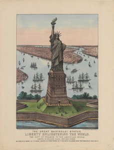 द ग्रेट बार्थोल्डी स्टैच्यू - लिबर्टी एनलाइटेनिंग द वर्ल्ड, 1885 (हैंड-कलर्ड लिथोग्राफ) द्वारा एन। और इव्स, जेएम क्यूरियर