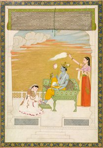 विष्णु के पैर की मालिश करती लक्ष्मी, सी. 1765-1770। निर्माता: नैनसुख, मंजू. द्वारा नैनसुख मंजू