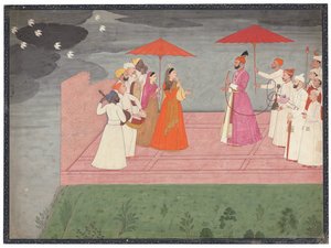 बारिश के मौसम में बलवंत देव सिंह के लिए राग बजाते संगीतकार, सी .1745-50