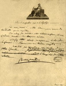 6 सितंबर 1800, 1921 को प्रोवेंस की गणना के लिए प्रथम कौंसल नेपोलियन बोनापार्ट का पत्र।