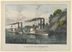 ए रेस ऑन द मिसिसिपी, 1870., 1870। निर्माता: नथानिएल क्यूरियर, जेम्स मेरिट इवेस, क्यूरियर और इवेस। द्वारा कैरियर और Ives