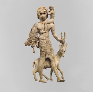 एक गोमेद, एक बंदर, और एक तेंदुए की त्वचा के साथ एक व्यक्ति की प्रतिमा, c.8 वीं शताब्दी ई.पू. द्वारा नव असीरियन नियो असीरियन