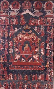 बुद्ध 'द प्रभा' (लटकते स्क्रॉल) से भिक्षा प्राप्त करने की प्रथा का उद्घाटन करते हुए द्वारा नेपाली स्कूल
