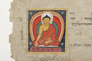 संभवत: महाशीतलिका से एक बौद्ध पांडुलिपि का पृष्ठ, c.1400 (अपारदर्शी जल रंग और कांच) द्वारा नेपाली स्कूल