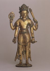 हिंदू भगवान विष्णु की मूर्ति, c.1200 (उच्च-तांबा कांस्य, उत्कीर्ण, गिल्ट, रत्नों के साथ सेट और चित्रित)