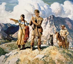 1804-06 के अपने अभियान के दौरान लुईस और क्लार्क के साथ सैकगाविया (रंगीन लिथो)