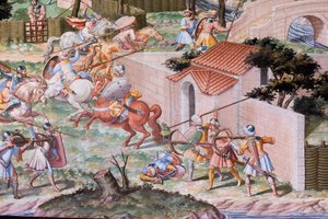 ला हिगुएरुएला (फ्रेस्को) की 1431 की लड़ाई के हॉल ऑफ़ बैटल में फ़्रेस्को का विवरण द्वारा निकोलो (और कार्यशाला) ग्रानेलो
