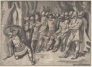 Ajax के निचले बाएँ में एक ढाल ऊपर है, दाईं ओर Agamemnon अपने ..., 1540-50 से घिरा हुआ है।