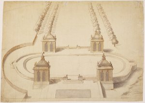 बॉलिंग ग्रीन, हैम्पटन कोर्ट के लिए डिजाइन, c.1689-91 (कागज पर भूरे रंग की स्याही, धो और ग्रेफाइट) द्वारा निकोलस हक्समूर