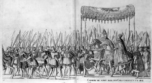 पोप क्लेमेंट VII और सम्राट चार्ल्स V की प्रविष्टि 24 फरवरी 1530, प्लेट 27, c.1530 द्वारा निकोलस होजनबर्ग