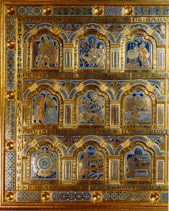 निकोलस डी वर्दुन द्वारा सोने और तामचीनी में बने वर्दुन अल्टार (ca.1130 / 50-1205): ओल्ड एंड न्यू टेस्टामेंट के दृश्य (लाल सागर को पार करते हुए, किंग मेल्कीसेडेक (मेल्कीसेडेक या मेल्कीसेदेक या मेलकिसेडेक या मेल्की-त्सेडेक या मेल्की त्सेडेक) , मसीह का बपतिस्