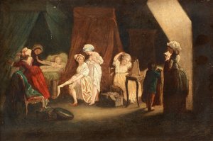 Le Lever des Ouvrieres en mode, Lafrensen, Niklas (निकोलस Lavreince या Lavrince) (1737-1807) द्वारा। लकड़ी पर तेल, आकार: 27x39, निजी संग्रह