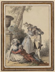 बगीचे में दो बहादुर जोड़े, एक लेटा हुआ, दूसरा खड़ा हुआ द्वारा Niclas Lavreince
