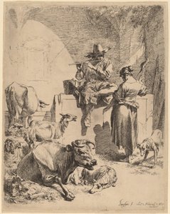 चरवाहा एक फाउंटेन और स्पिनर पर बैठा, 1652। द्वारा निकोलस बेरकेम
