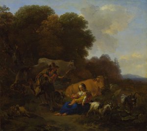एक किसान एक औरत और बच्चे को 1658 में एक हुरडी-गुरडी का किरदार निभाते हुए द्वारा निकोलास पीटरसन। Berchem