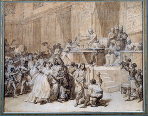 फ्रांसीसी क्रांति: राष्ट्रीय सम्मेलन पेरिस में 4/02/1794 (16 प्लुविओस एन II) को उपनिवेशों में दासता के उन्मूलन का आदेश देता है। निकोलस आंद्रे मोंसियाउ (1754-1837) सन द्वारा स्याही चित्र। 0,26x0,33 मीटर पेरिस, मुसी कार्नावलेट