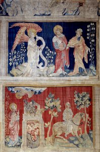 रहस्योद्घाटन की फांसी (१३७३-१३८३), संख्या ६ और संख्या १०: संख्या ६ उच्च: जॉन पुस्तक को खोलने में सक्षम नहीं होने के लिए रोता है, एक बूढ़ा व्यक्ति सांत्वना; नंबर 10 कम: मृत्यु उसके पीछे दुख का स्थान छोड़ जाती है)। निकोलस बटैले द्वारा टेपेस्ट्री (1330-1405) द्वारा निकोलस बातिल