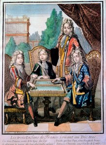 लुई XIV के पोते (1638-1715), बरगंडी के लुई ड्यूक (डी। 1712), फिलिप, अंजु के ड्यूक (1683-1746), और चार्ल्स, ड्यूक ऑफ बेरी अपने पिता लुइस (डी। 1711), डॉल्फ़िन के साथ फ्रांस का, ट्रिक ट्रैक खेल रहा है (ट्रिकट्रैक या ट्रिक्ट्रैक: बैकगा का पूर्वज
