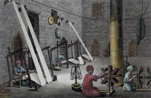 वीवर वर्कशॉप का इंटीरियर, वॉल्यूम II आर्ट्स एंड ट्रेड्स ऑफ 'डिस्क्रिप्शन ऑफ मिस्र' से, श्रोएडर और ई। वॉयसार्ड, पब द्वारा उकेरा गया। नेपोलियन के आदेश के तहत द्वारा निकोलस जैक्स (बाद) कॉन्टे