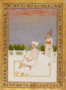 रईस, संभवतः मीर कासिम, परिचारक के साथ एक छत पर बैठा, 18वीं शताब्दी द्वारा निधम: