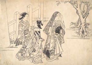 एक तवायफ जिसके बाद दो बालिकाएं आती हैं, ca. 1690-1751। द्वारा निशिकावा सुकेनोबु