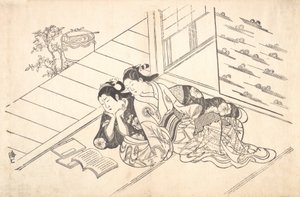 दो महिलाएँ एक कमरे के फर्श पर लेटी हुई और एक किताब पढ़ रही हैं, c. 1730., सीए। 1730.