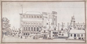 होल्बीन गेट और इनिगो जोन्स के बैंक्वेटिंग हाउस के साथ व्हाइटहॉल, c.1677 (ग्रे वॉश के साथ पेन और ब्राउन इंक)