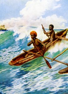 न्यू हेब्रिड्स, 1908 के समुद्रों पर आउटरीगरों के साथ एक &39;डग-आउट&39; द्वारा नॉर्मन हार्डी