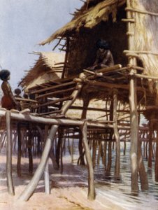 हनुआबादा, पोर्ट मोरेस्बी, ब्रिटिश न्यू गिनी (कलर लिथो) में पाइल डवेलिंग्स में द्वारा नॉर्मन हार्डी