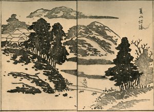 एक पुल, 1809, 1924 को पार करने वाली आकृति के साथ लैंडस्केप। द्वारा ओगुरा टोकेई
