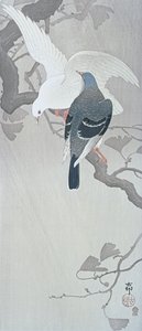 एक जिन्को पेड़ की एक शाखा पर बारिश में दो कबूतर द्वारा Ohara Koson
