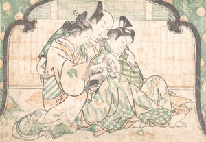 दो महिलाओं के बीच बैठा एक युवक, सीए। 1749., सीए। 1749. द्वारा ओकुमुरा मसानोबु