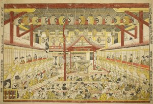 काबुकी मंच पर कैओमी प्रदर्शन का बड़ा परिप्रेक्ष्य चित्र द्वारा ओकुमुरा मसानोबु