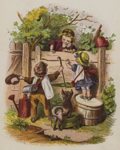 बगीचे की बाड़ पर बातें करते तीन बच्चे (कलर लिथो) द्वारा Oskar Pletsch