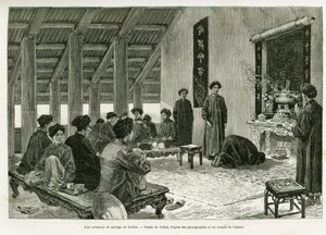 टोंकिन में एक शादी समारोह। टोफनी द्वारा उत्कीर्णन, 1884 में ट्रेंटे मोइस औ टोनकिन की कहानी को चित्रित करने के लिए, डॉ पॉल होक्क्वार्ड द्वारा, ले टूर डू मोंडे 1890 में, एडौर्ड चार्टन (1807-1890), हैचेट, पेरिस के निर्देशन में। द्वारा ओसवाल्डो टोफानी