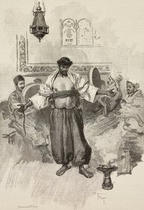 ऐसावा नृत्य, मोरक्को का धार्मिक भाईचारा, 1889 के यूनिवर्सल एक्सपोज़िशन में, पेरिस, फ़्रांस, एल'इलस्ट्राज़ियोन इटालियाना से ओस्वाल्डो टोफ़ानी द्वारा ड्राइंग से ई मैनकास्त्रोपा द्वारा उत्कीर्णन, वर्ष 16, संख्या 45, नवंबर 10 द्वारा ओसवाल्डो टोफानी