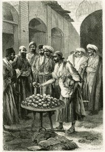 कचन में मछली पकड़ने का व्यापारी (या काशान, तेहरान प्रांत में, वर्तमान ईरान)। टोफनी द्वारा उत्कीर्णन, एक तस्वीर से, कहानी को चित्रित करने के लिए "" फारस, चाल्डी और सुसियान""1881-1882 में, जेन डियुलाफॉय (नी माग्रे) द्वारा द्वारा ओसवाल्डो टोफानी
