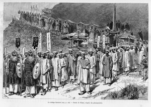 अंतिम संस्कार मंडली। एडौर्ड चार्टन (1807-1890), हैचेट, पेरिस के निर्देशन में, ले टूर डू मोंडे 1890 में, डॉक्टर पॉल होक्क्वार्ड द्वारा 1884 में ट्रेंटे मोइस औ टोनकिन की कहानी को चित्रित करने के लिए टोफनी द्वारा उत्कीर्णन। द्वारा ओसवाल्डो टोफानी