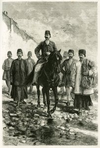 कचन (या काशान, तेहरान प्रांत, वर्तमान ईरान में) के गवर्नर एक काले घोड़े की सवारी करते हैं और उनका सूट पैदल है। 1881-1882 में जेन डाइलाफॉय (नी मा) द्वारा "" फारस, चालडी और सुसियान" कहानी को चित्रित करने के लिए एक तस्वीर से टोफनी द्वारा उत्कीर द्वारा ओसवाल्डो टोफानी