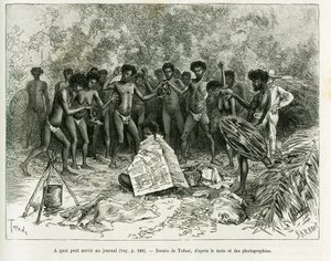 समाचार पत्र का उपयोग किस लिए किया जा सकता है? Tofani द्वारा उत्कीर्णन, कहानी Chez les cannibales, Voyage dans le Nord-est de l'Australia को चित्रित करने के लिए द्वारा ओसवाल्डो टोफानी