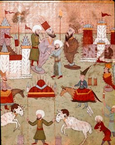 ओटोमन सुल्तान मुराद द्वितीय (मूरत) (1404-1451) के बेटे के खतना के अवसर पर आयोजित उत्सव, आतिशबाजी की तैयारी 16 वीं शताब्दी के इस्तांबुल के लघु, टोपकापी सराय संग्रहालय पुस्तकालय द्वारा ओटोमन स्कूल