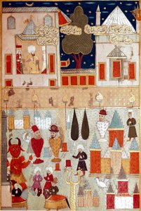 ओटोमन सुल्तान मुराद द्वितीय (मुरात) (1404-1451) के बेटे के खतना के अवसर पर आयोजित उत्सव, आतिशबाजी की तैयारी 16 वीं शताब्दी के इस्तांबुल का लघु, टोपकापी सराय संग्रहालय पुस्तकालय द्वारा ओटोमन स्कूल